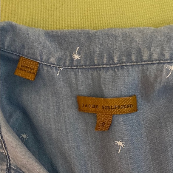 Jachs Girlfriend Women SZ S Chambray Palm Trees Button Front Blue Blouse - Picture 5 of 6